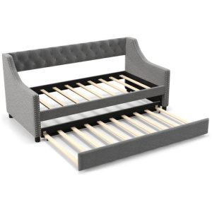 Twin Size Daybed with Trundle Sofa Bed with Curved Armrests and Backrest-Gray