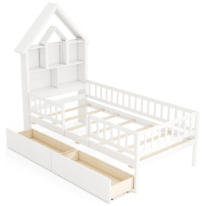 Twin Size House Bed Kids Montessori Bed with House-Shaped Storage Headboard-White