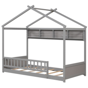 Twin Size House Bed with Storage Shelf and Headboard-Gray