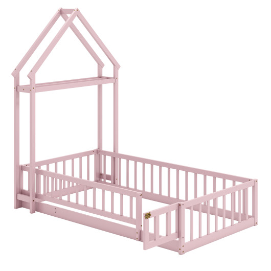 Twin Size House Floor Bed with House-shaped Headboard-Pink