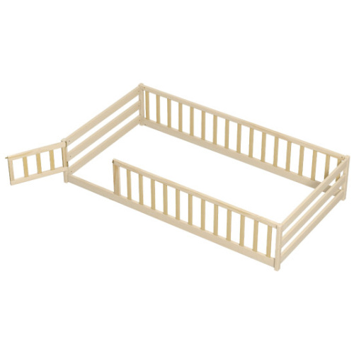 Twin Size Kids Wood Montessori Floor Bed with Door and Fence-Natural