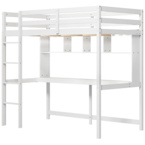 Twin Size Loft Bed with Desk and Shelves for Home Dorm Apartment No Box Spring Needed-White