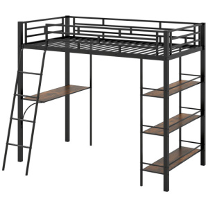 Twin Size Loft Bed with Desk and Shelves for Kids and Home-Black