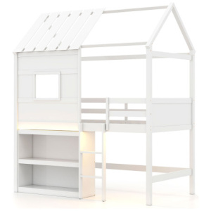 Twin Size Loft Bed with LED Lights, Roof, Window and Storage Bookshelf-White