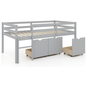 Twin Size Low Loft Bed with 3 Drawers with Ladder and Full-length Guardrails-Gray