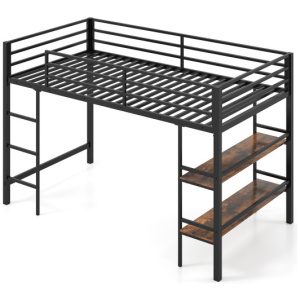 Twin Size Low Loft Bed with Ladder and Storage Shelves Metal Frame for Boys Girls-Black