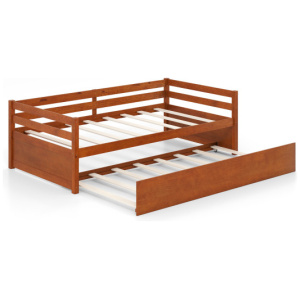Twin Size Trundle Platform Bed Frame with Wooden Slat Support-Walnut