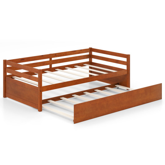 Twin Size Trundle Platform Bed Frame with Wooden Slat Support-Walnut