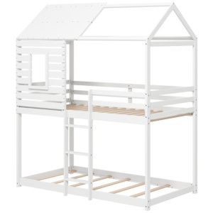 Twin over Twin House Bunk Bed with Roof and Full-length Guardrails-White