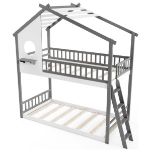 Twin over Twin House Bunk Bed with Roof and Guardrails for Kids-White & Gray