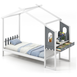 Twin/Full Bed Frame with House Roof Canopy and Fence for Kids-Twin Size