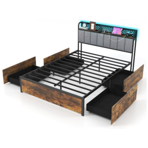 Twin/Full/Queen Bed Frame with LED Lights, Upholstered Headboard and 4 Storage Drawers-Full Size