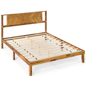 Twin/Full/Queen Size Bed Frame Mid-Century Acacia Wood Platform Bed with Headboard-Queen Size