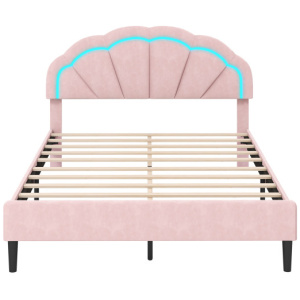 Upholstered LED Bed Frame with Adjustable Flower Headboard and Metal Support Feet Pink-Queen Size