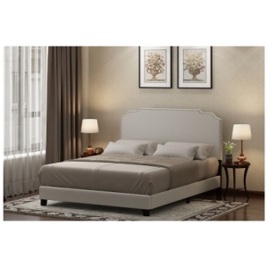 Upholstered Queen Panel Bed with Nailhead Trim, Linen
