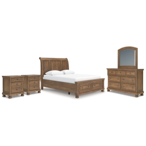 Vandenmore Queen Storage Sleigh Bed with Mirrored Dresser and 2 Nightstands, Medium Brown
