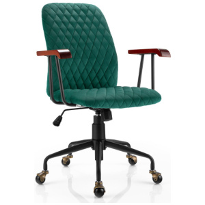 Velvet Home Office Chair with Wooden Armrest Green