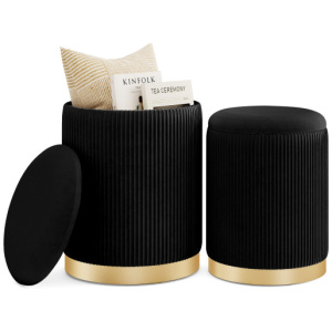 Velvet/Linen Fabric Storage Ottoman Set of 2-Black