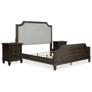 Veramond California King Upholstered Panel Bed with 2 Nightstands, Dark Brown