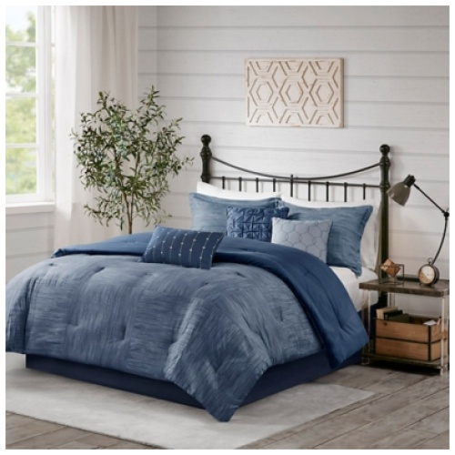Walter King 7 Piece Printed Seersucker Comforter Set, Navy