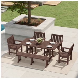 Westin Furniture Laguna Outdoor Dining Table and 4 Arm Chairs and Bench, Dark Brown