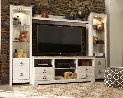 Willowton 4-Piece Entertainment Center with 63" TV Stand, Whitewash