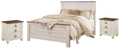 Willowton Queen Panel Bed with 2 Nightstands, Whitewash