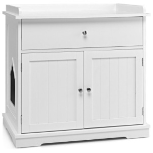 Wooden Cat Litter Box Enclosure with Drawer Side Table Furniture-White
