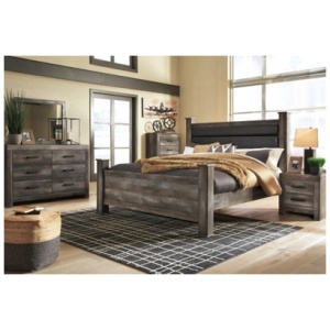 Wynnlow King Poster Bed with Mirrored Dresser and Chest, Gray