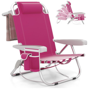 1 Piece Foldable Backpack Beach Chair with Cup Holder and Storage Pockets for Outdoor-Pink