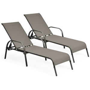 2 Pcs Outdoor Patio Lounge Chair Chaise Fabric with Adjustable Reclining Armrest-Brown