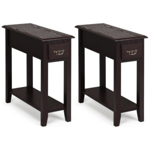 2 Pieces 2 Tier Sofa Side End Table with Drawer and Open Shelf-Dark Brown