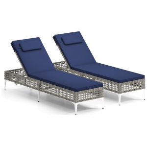 2 Pieces Patio Chaise Lounge Chair with 6-Level Adjustable Backrest and Headrest for Poolside-Navy