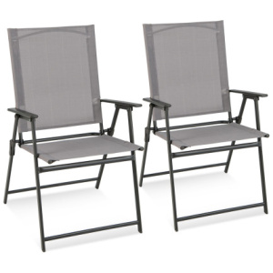 2 Pieces Patio Folding Chairs with Armrests for Deck Garden Yard-Gray