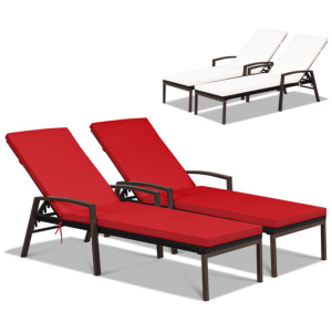 2 Pieces Patio Rattan Reclining Chaise Lounge Chair with Cushion and Armrest-Red & White