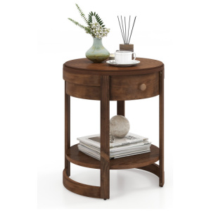 2-Tier Round End Table Mid Century Modern Nightstand with Drawer and Shelf