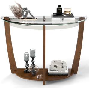 2-tier Tempered Glass Console Table with Clear Glass Top and Open Shelf-Walnut