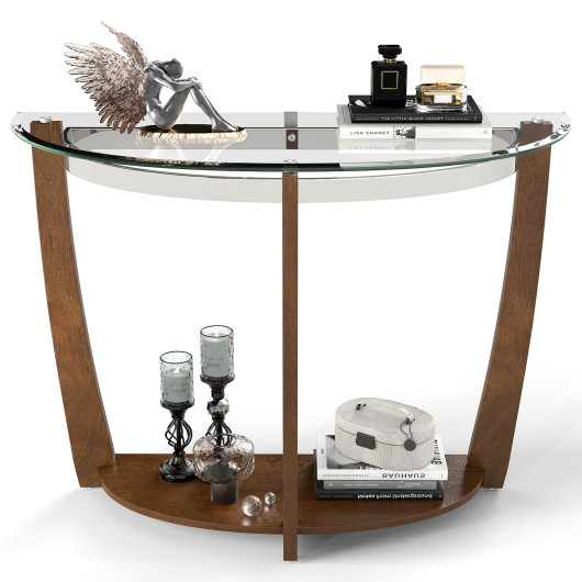 2-tier Tempered Glass Console Table with Clear Glass Top and Open Shelf-Walnut