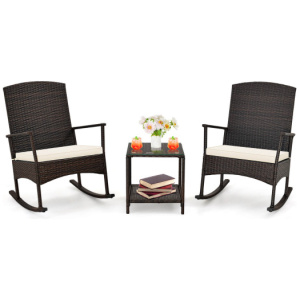 3 Piece Patio Rocking Set Wicker Rocking Chairs with 2-Tier Coffee Table-Off White