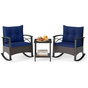 3 Piece Rocking Bistro Set PE Rattan Rocker Chairs with Acacia Wood Top Table-Navy