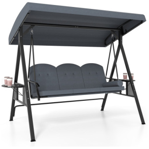 3-Seat Patio Swing Chair Porch Swing with Adjustable Canopy Thickened Cushions Pillow and Foldable Side Trays-Grey