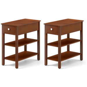 3-Tier Narrow End Table with Drawer and Storage Shelves Set of 2-Brown