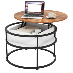 31.5 Inch Round Lift Top Coffee Table with Hidden Compartment and Side Shelves-Teak