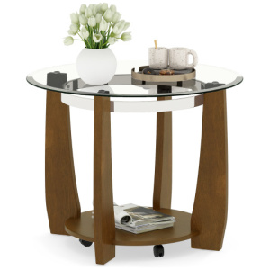 32" 2-Tier Glass Round Coffee Table with Storage Shelf-Walnut