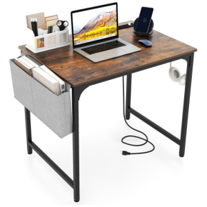 32 Inch Home Office Desk with Charging Station Storage Bag and Headphone Hook-Rustic Brown