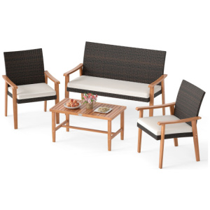 4 Piece Patio Furniture Set PE Rattan Porch Chairs with Acacia Wood Coffee Table and Soft Cushions-White