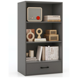 48 Inch Tall 4 Tiers Wood Bookcase with Drawer-Gray