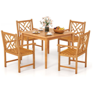 5-Pieces Patio Dining Table Set Wood Square Dining Table with 4 Chairs and Slatted Tabletop