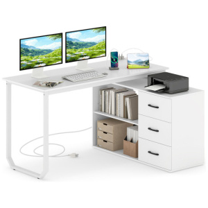 55 Inch Reversible L Shaped Desk with 3 Drawers Home Office Desk with Adjustable Shelf-White