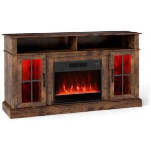 58 Inch Fireplace TV Stand with LED Lights with Storage Cabinets and Glass Doors-Rustic Brown